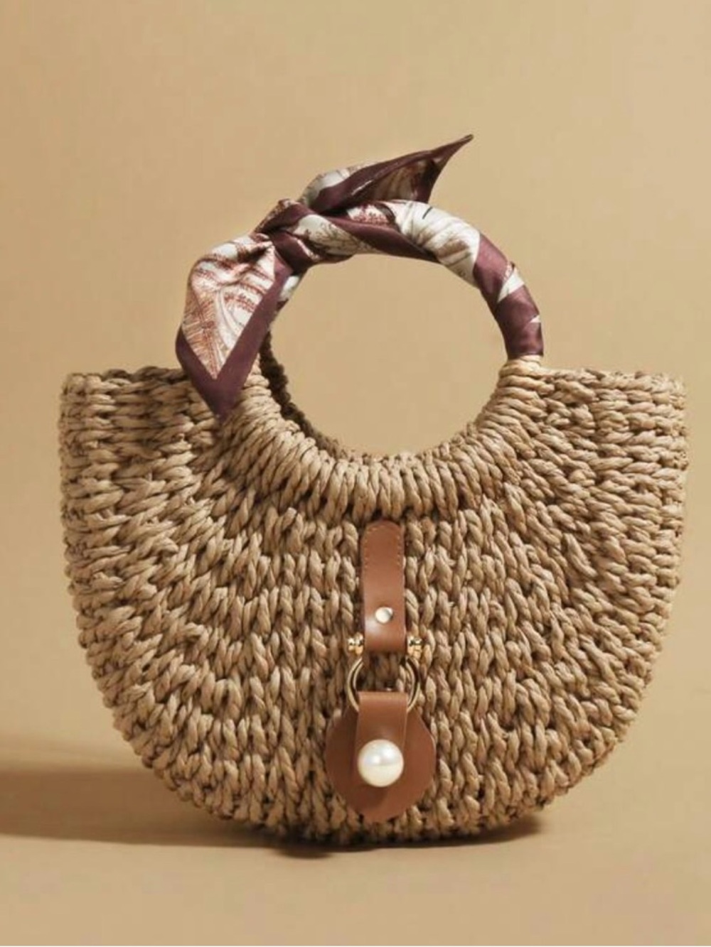 Woven Straw Tote with Brown Accent and Pearl